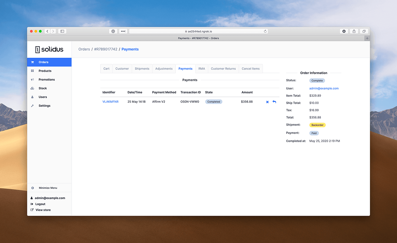 Admin Payment Completed with Affirm