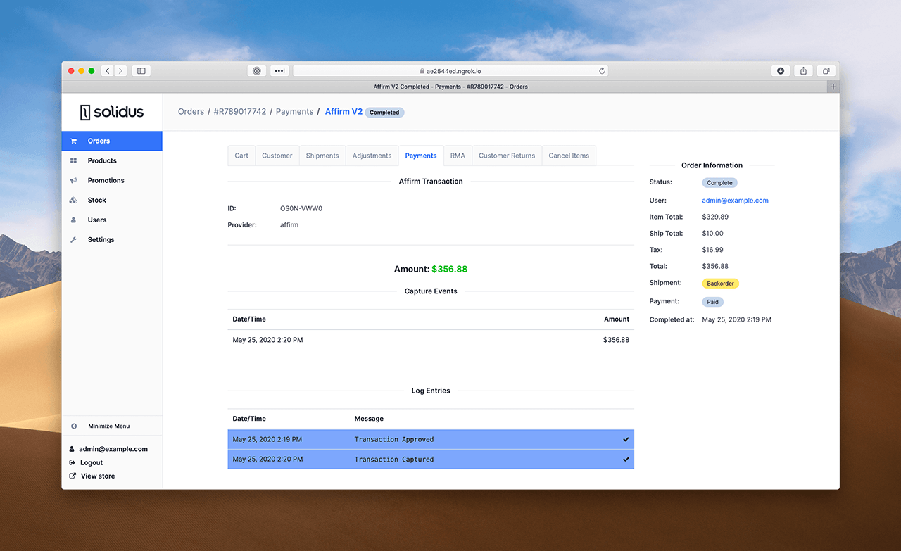 Admin Payment Details Page with Affirm